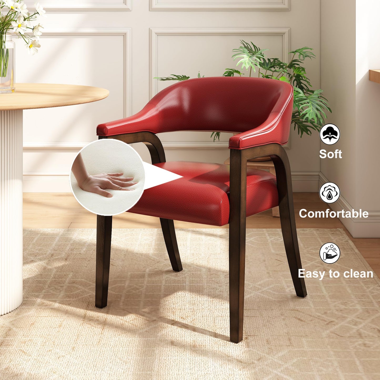 JESONVID Upholstered Barrel Dining Chair Set of 2, 17.72" H Faux Leather Dining Room Chair with Arms Open-Back Dining Chairs w/Wood R Legs Comfy Accent Side Chairs for Home Kitchen, Wine Red