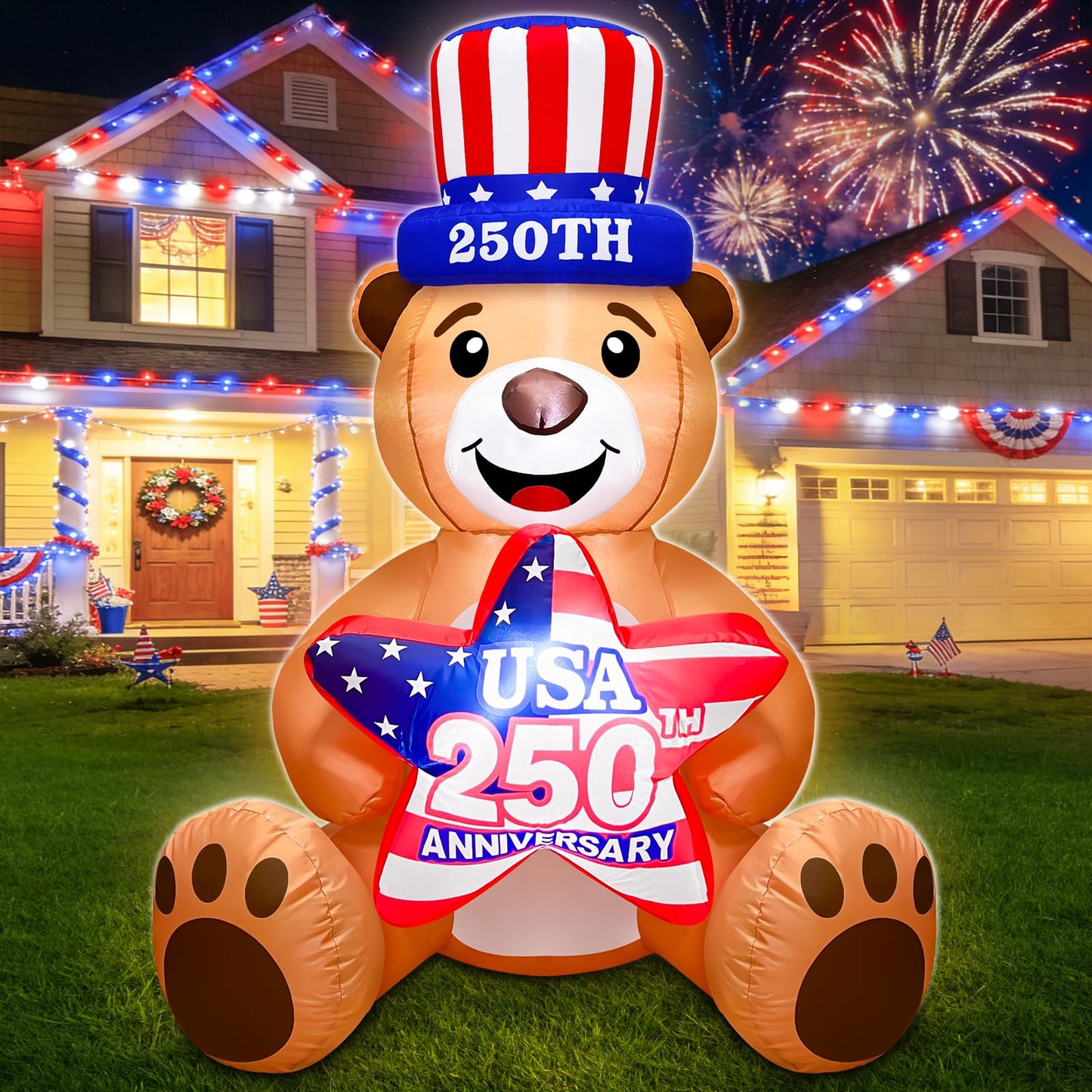 4 Ft Inflatable Uncle Sam Bear with USA 250th Anniversary Star Build-in LED Lights Blow up 4th of July Outdoor Decorations for Home Yard Lawn Garden Independence Day Memorial Day Decor