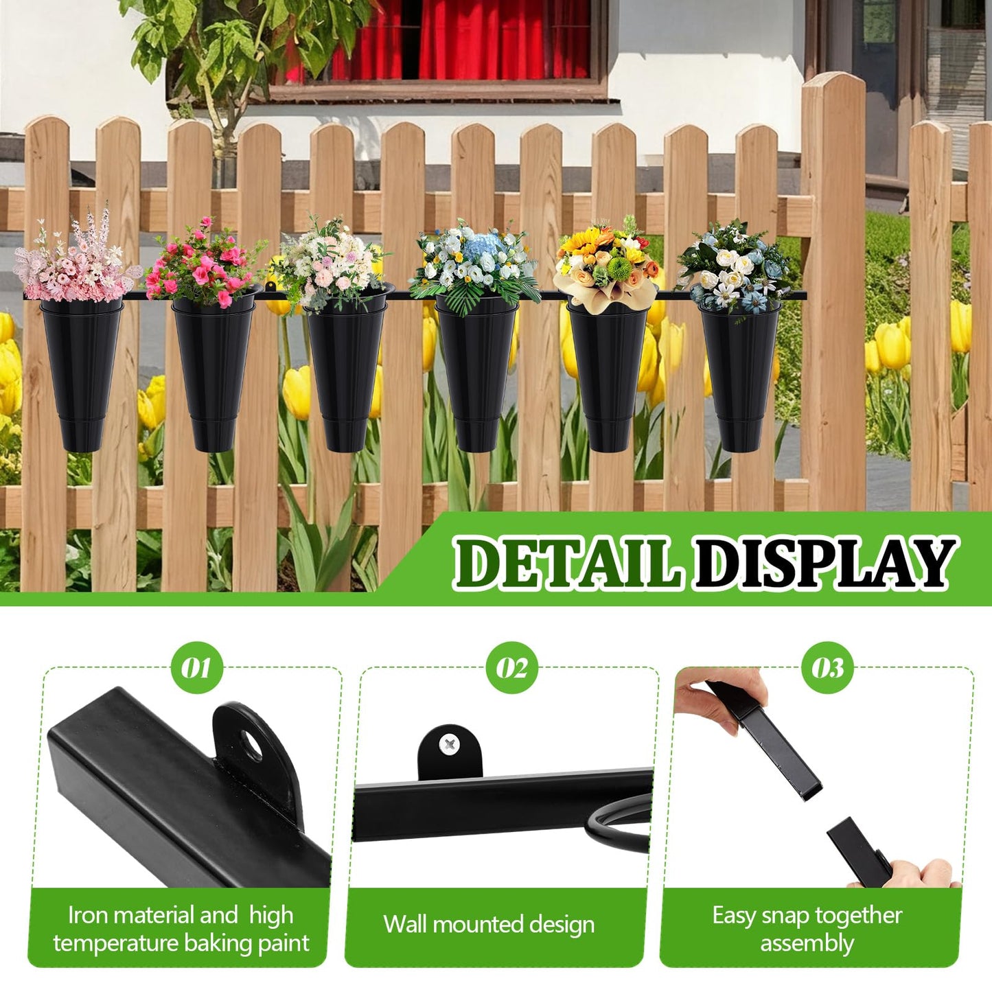 Maxdot Flower Display Stand Wall Mounted, 3 Layers Plant Stand with 18 Buckets, Heavy Duty Flower Pot Holder Ring Round Bouquet Shelf Hanging Container for Home Florist Shop Garden, 71.5'' x 14.1''