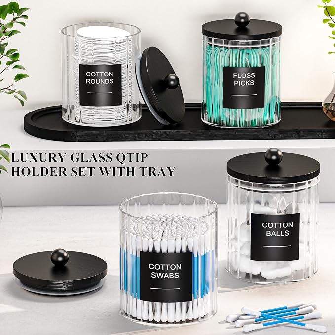 masadi 4 Pack Glass Qtip Holder Set with Tray- Bathroom Countertop Set Organizers, Cotton Round Swab Holder Dispenser Cotton Ball Holder, Apothecary Jars with Lids, Floss Pick Containers - ms Black