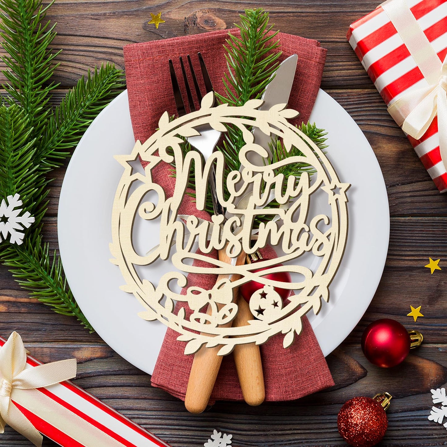 12 Pcs Christmas Wooden Plate Decor Merry Christmas Wood Cutouts Winter New Year Party Place Card Table Settings Signs for Farmhouse Dining Table Holiday Tree Decoration Ornament Flowers