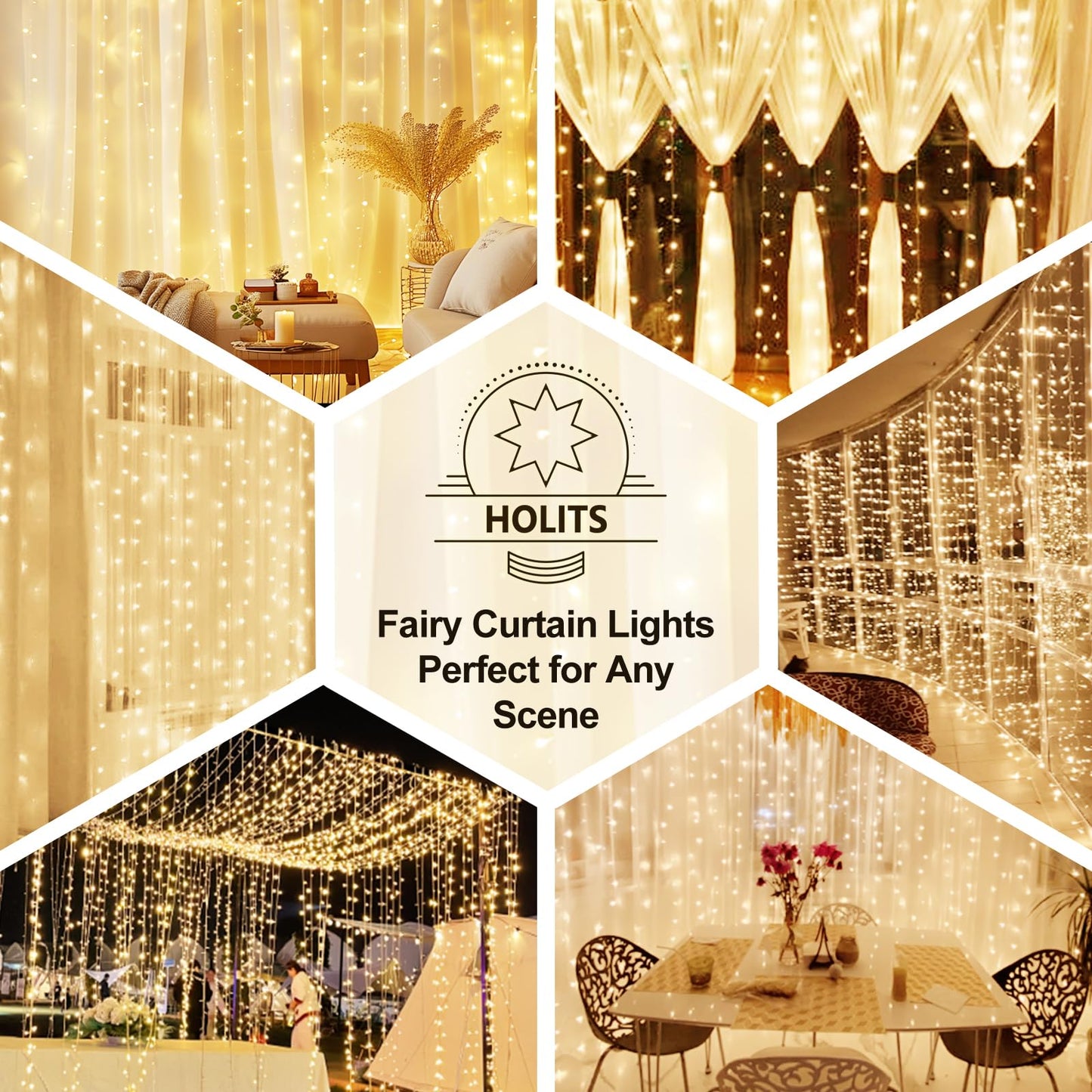 HOLITS 200 LED Fairy Curtain Lights, 6.6 x 6.6 FT Warm White USB Plug in 8 Modes Hanging Lights with Remote for Christmas, Bedroom, Indoor, Outdoor, Weddings, Party (Warm White)