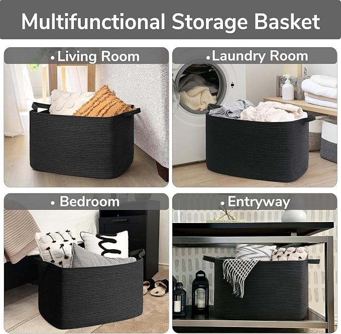 Goodpick Extra Large Storage Basket, 23.6" x 15.7" x 13.8" Rectangle Cotton Rope Basket for Blankets, Pillows, Toys, Woven Dirty Clothes Baskets for Laundry, Black
