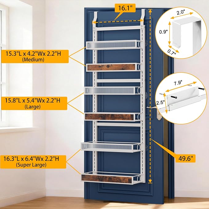 6 Tier Pantry Door Organizer Spice Rack, 2-IN-1 Wall Mount or Hanging Over Door Seasoning Organizer with Adjustable Baskets, Heavy Duty Behind Door Storage Shelves for Pantry, Cabinet and Kitchen