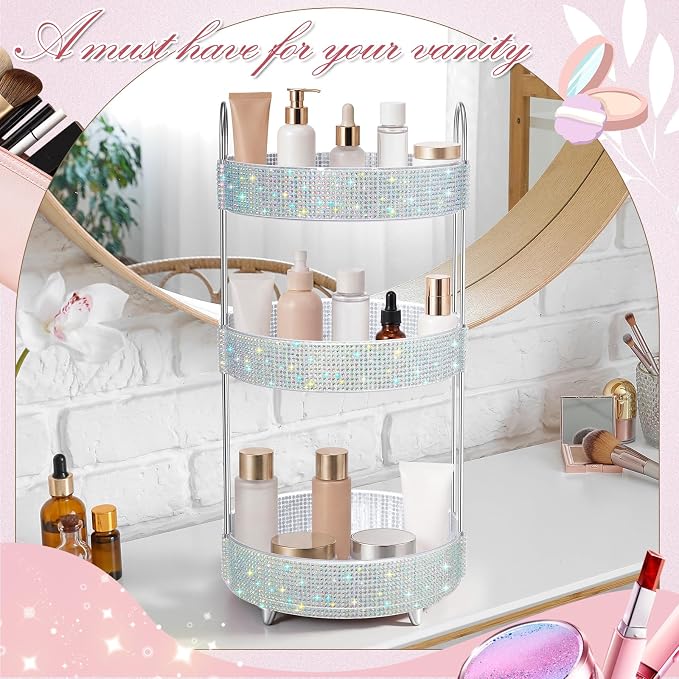 Honeydak 360 Rotating Perfume Organizer for Mother Day Nurse Day Rhinestone Bathroom Counter Organizer Makeup Holder Skincare and Perfume Storage for Cosmetic Countertop(3 Tiers,Resin Stone,Silver)