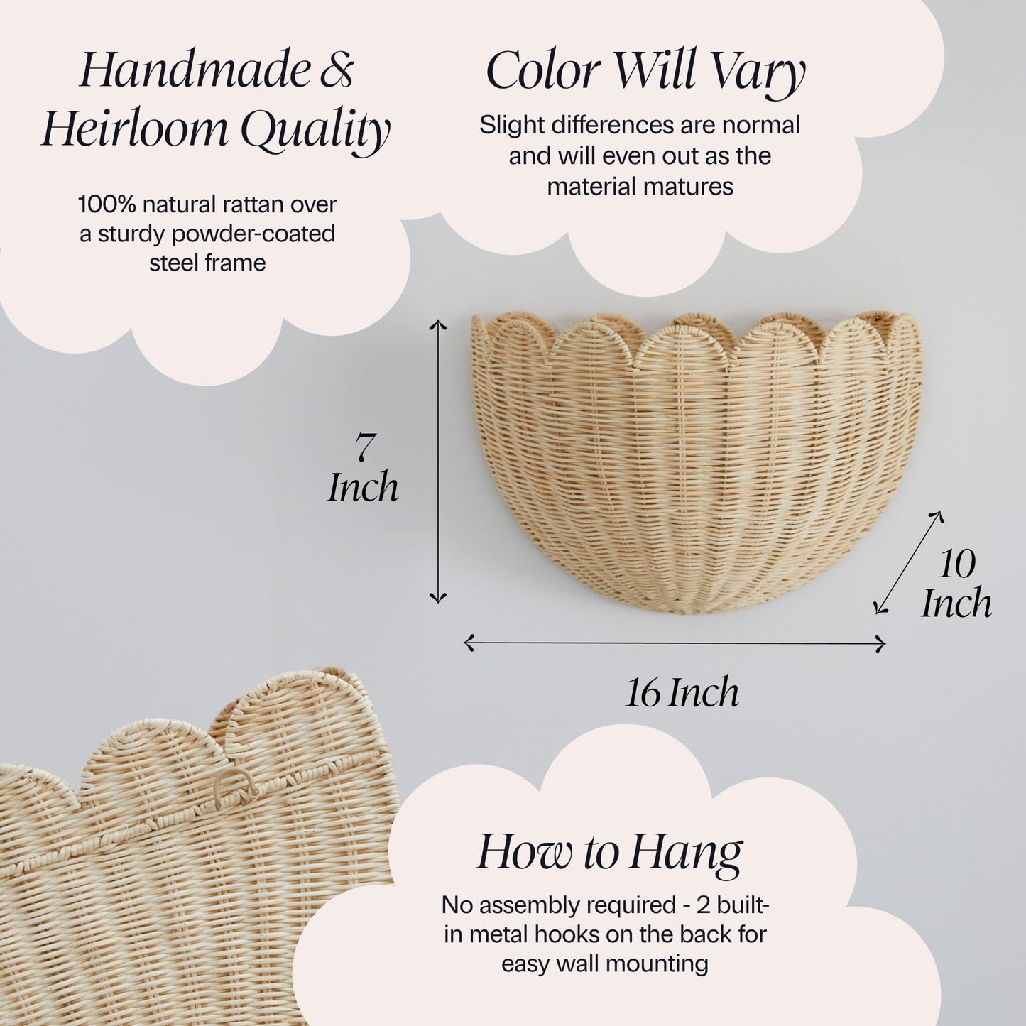 BEBE BASK Scalloped Wicker Wall Basket - The Original - Hand Woven Basket - Scalloped Décor Wall Hanging Baskets -16" x 10" x 7"In - Hanging Wall Basket (Natural)