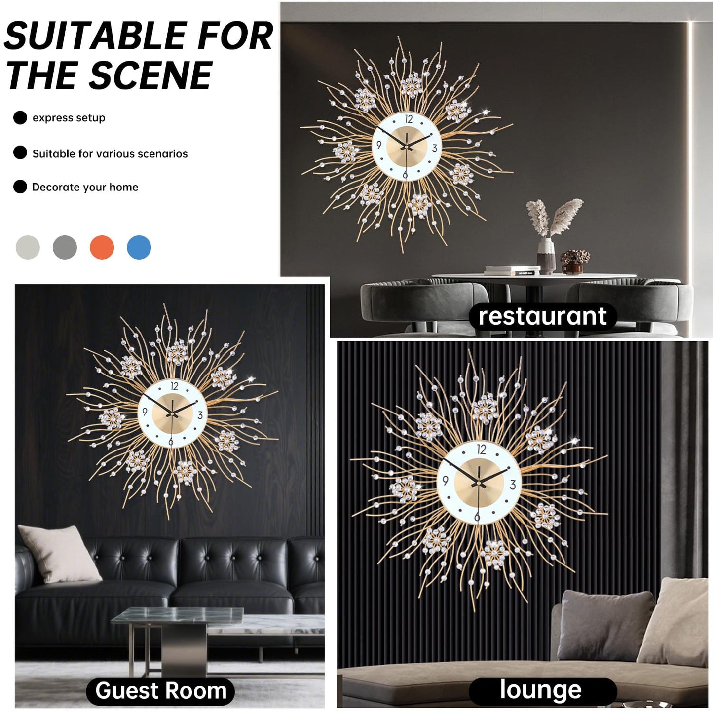 SIN&MI Large Wall Clocks, Silent Sunflower Shape Chic Decorative Wall Clock, Modern Non-Ticking Round Clock Dial Iron Metal Wall Clock for Living Room Decor Entrance Office Cafe 20 Inch