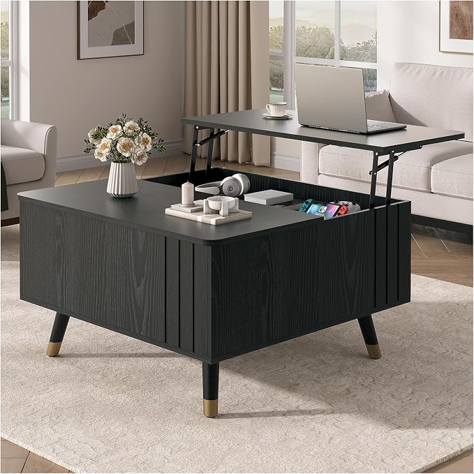 JOINICE 32" Square Lift Top Coffee Table with Storage, Modern Black Center Table for Living Room, Minimalist Wood Cocktail Table with Rising Desktop, Home Office