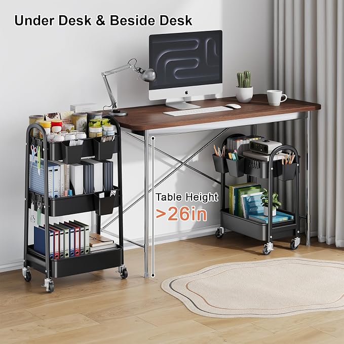 2 Tier Rolling Cart Metal on Wheels, Two Tiered Short Storage Side Table with Wheels, Heavy Duty Under Desk Mobile Trolley, Small Utility Organizer Carts for Craft, Art, Office, Kitchen, Black Basket