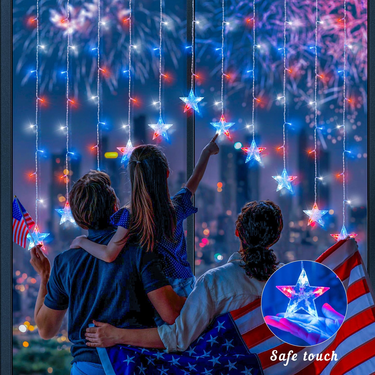 woohaha 4th of July Patriotic Star Icicle Lights,118LED Red White and Blue Curtain Window Lights,Connectable Star String Light Plug in for Independence Day,Garden,Fourth of July Decorations