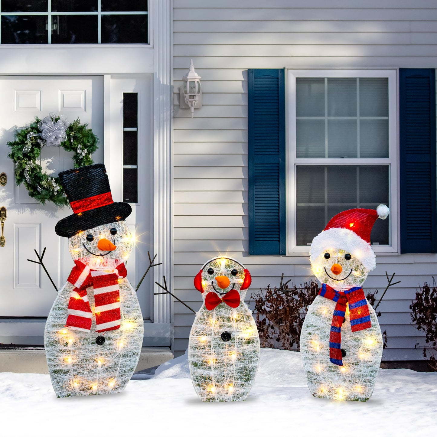 TW SHINE Lighted Christmas Snowman Outdoor Decoration, 3-Piece Pre-Lit 2D Snowman Family Set with 55 Warm White Lights, Christmas Yard Decorations for Patio Lawn Garden Decor, 29.9X12.2Inch-Large