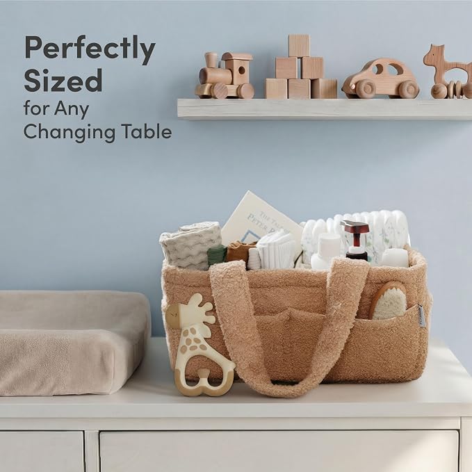 PUTSKA Baby Diaper Caddy Organizer for Changing Table – Stylish Nursery Storage Basket, Newborn Essentials, Baby Shower Gifts and Registry Must-Haves for Boy or Girl, Car Diaper Caddy, Fleece Mocha
