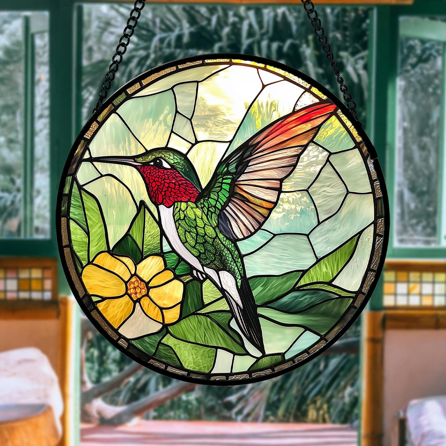 AMDERVEN Stained Glass Window Hanging, Green Hummingbird Sun Catcher for Door Home Decor, Birds Suncatcher Christmas Mother's Day Birthday Gifts for Bird Lovers Women Men Mom and Nana 6.3 in