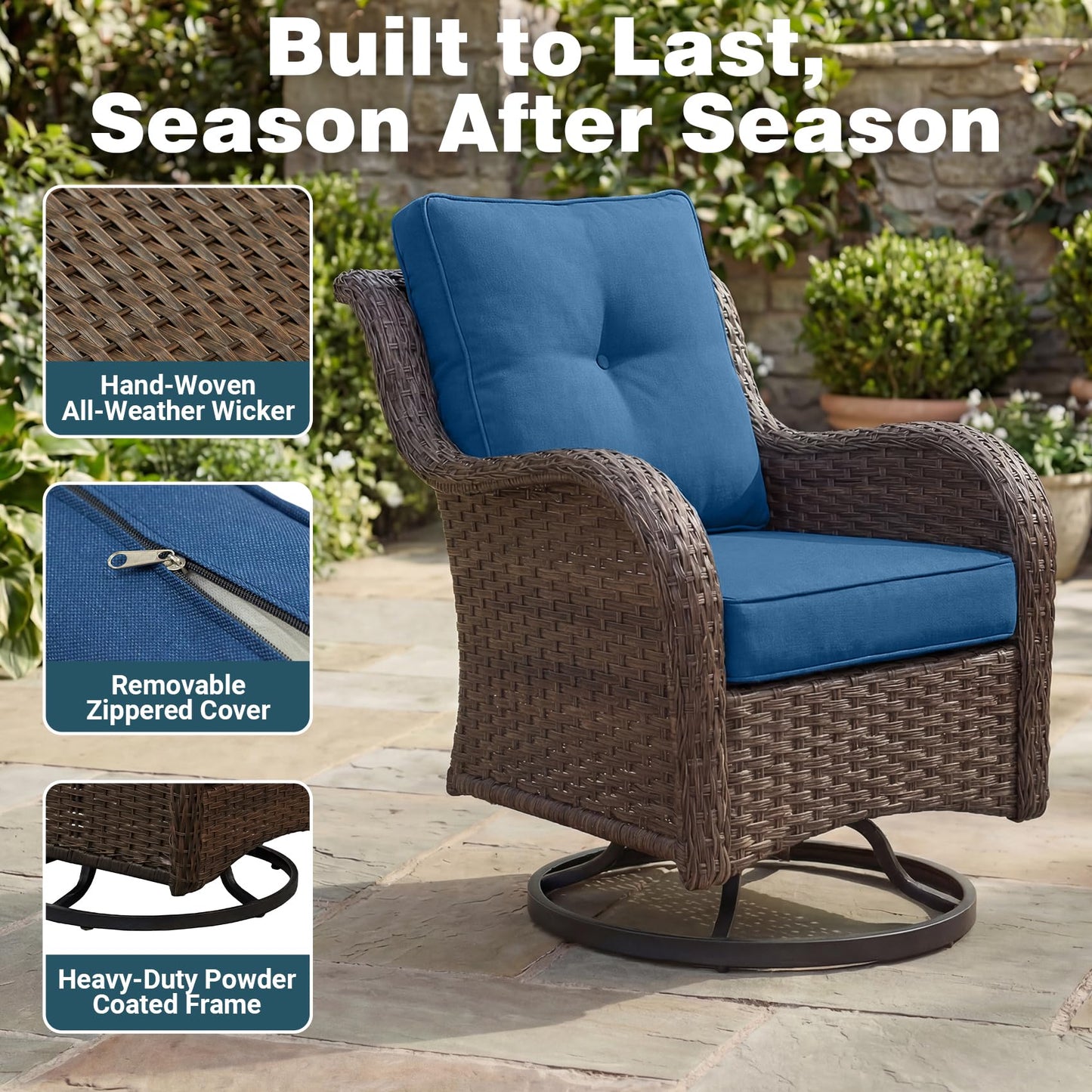 SAILARY Patio Furniture Set, 3PCS Outdoor Wicker Conversation Set Porch Furniture with 6" Thick Cushions, High Back Swivel Chairs, Weather Resistant Olefin Fabric for Garden, Poolside, Navy Blue