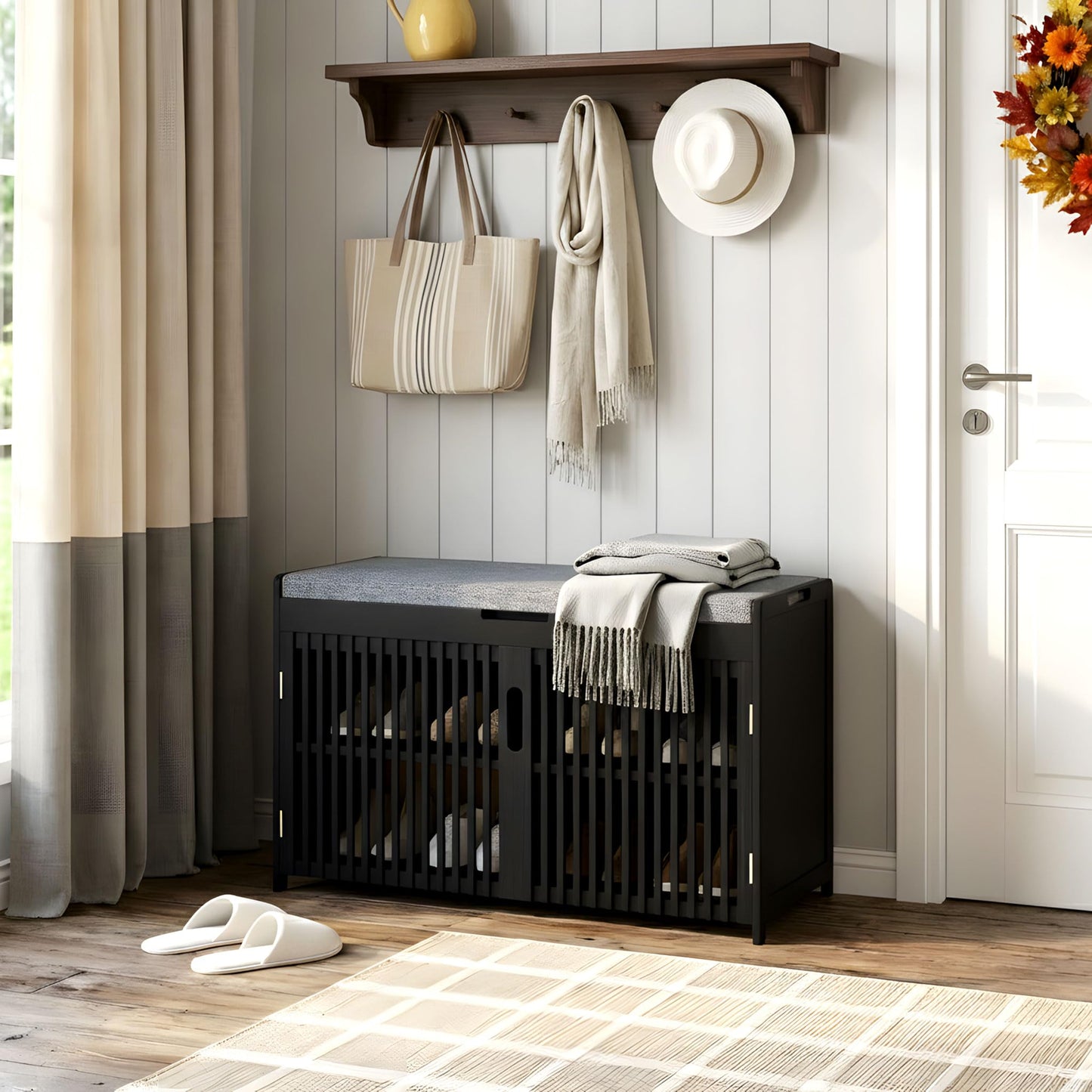 APRTAT Bamboo Shoe Storage Bench with Padded Cushion, 3-Tier Shoe Rack Organizer with 2 Ventilated Grille Doors for Entryway, Bedroom, Bathroom (Black)