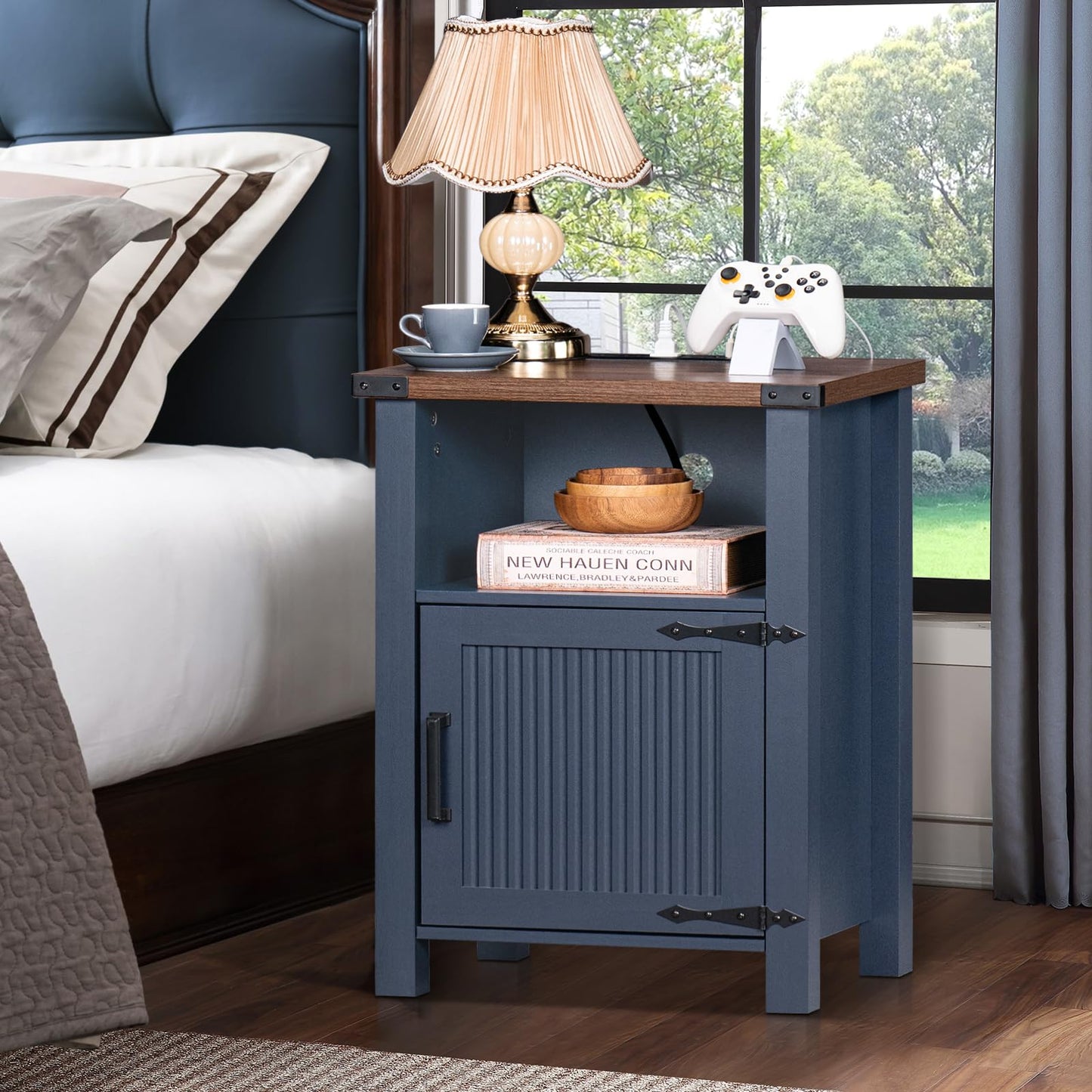 Joaxswe Night Stand with Charging Station and USB Port, 18 Inch Farmhouse Nightstand with Storage Shelf, Rustic Couch End Table with Magnetic Door, Wood Bed Side Tables for Bedroom, Home, Nayv Blue