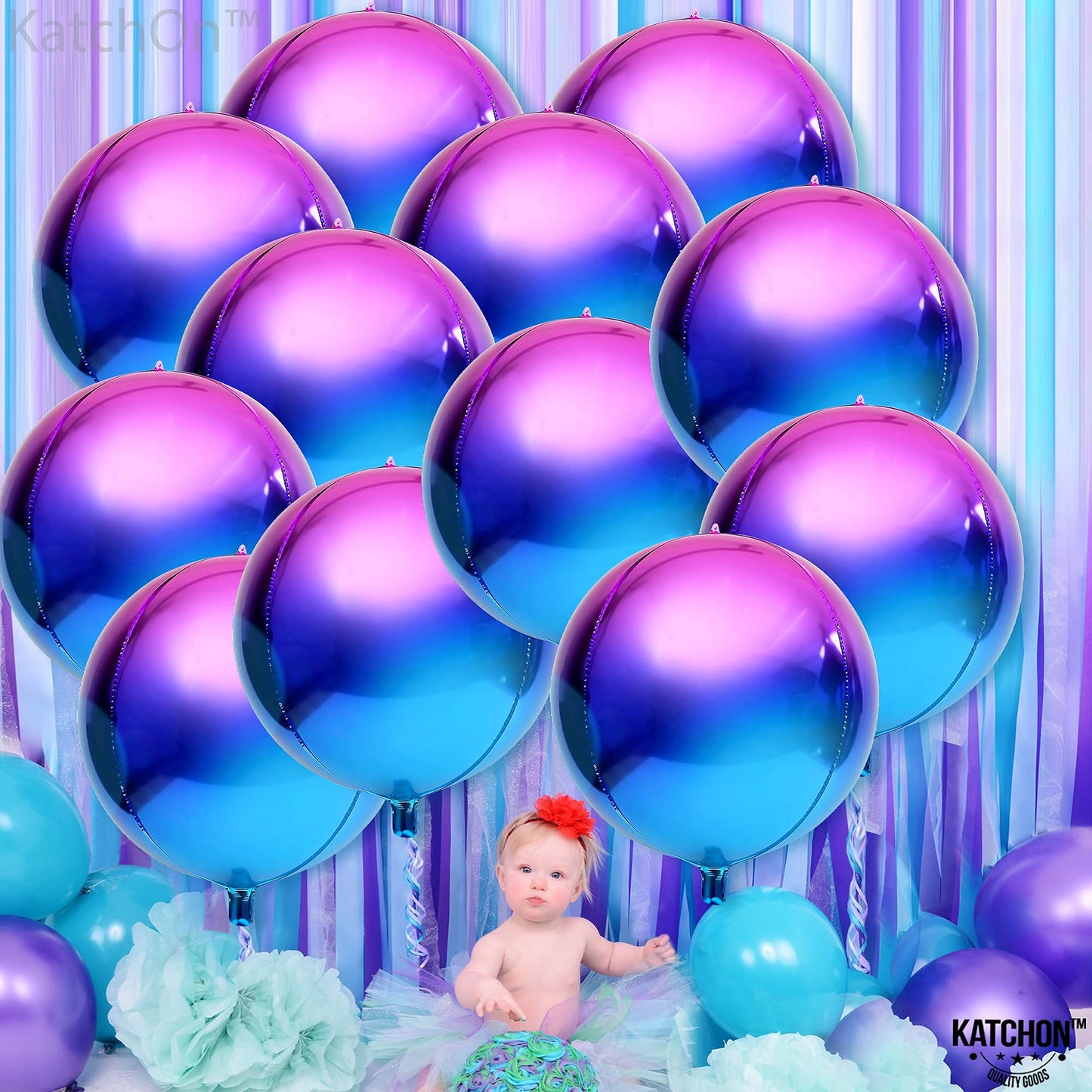 KatchOn, Purple Galaxy Balloons - 22 Inch, Pack of 12 | Round 4D Metallic Iridescent Balloons for Galaxy Birthday Party Decorations | Purple and Blue Balloons for Mermaid Party Decorations