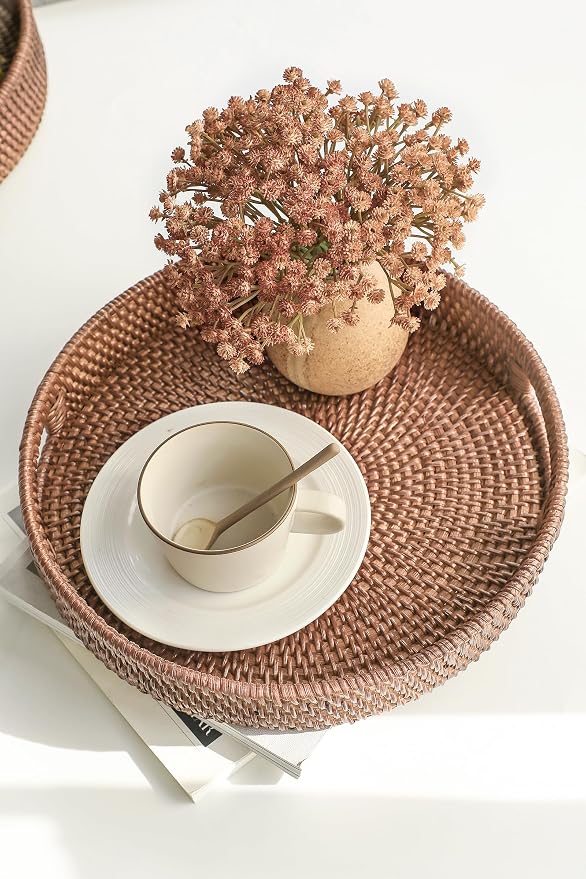 HITOMEN 11.8" Hand-Woven Round Rattan Serving Tray Decorative Wicker Trays with Handles for Coffee Table (Warm Brown-M)