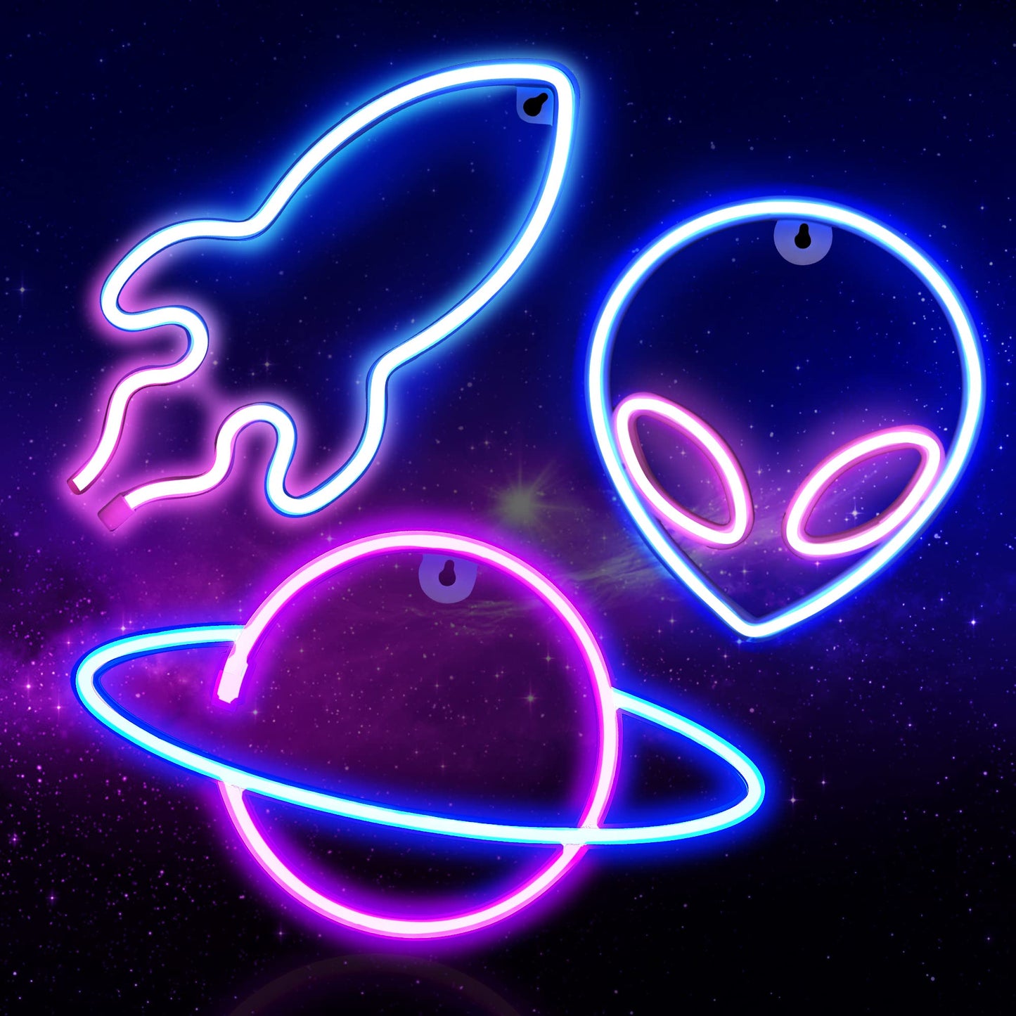 Neon Signs for Wall Decor, 3PCS LED Neon Lights for Bedroom, USB or Battery Powered Light Up Space Themed Alien Planet Rocket for Kids, Teen Boys, Gaming Room, Bar, Birthday, Cool Decoration Aesthetic