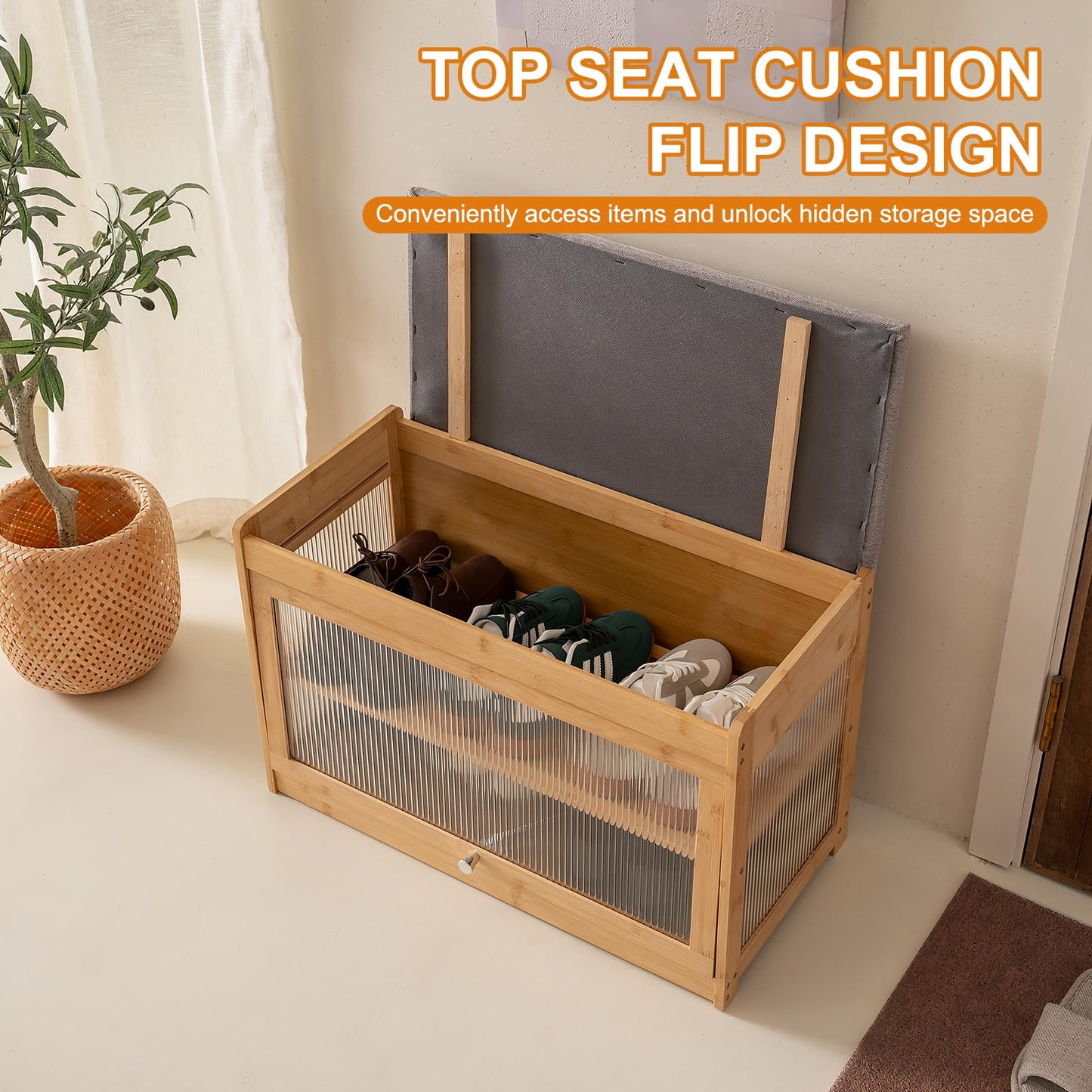 ZHUMUJIAJU Bamboo Shoe Storage Bench with Seat Cushion for Entryway, 27" Farmhouse Small Shoe Rack with Hidden Flip-Top Storage & Dustproof Acrylic Door, 2-Tier Narrow Shoe Cabinet Organizer, Natural