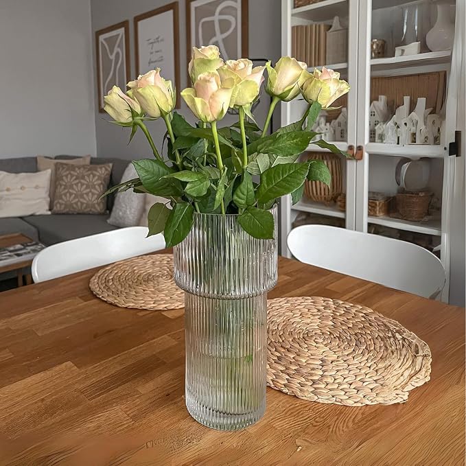 Large Glass Vase, 12 Inches Tall Vase for Flowers, Flower Vases for Bouquet, Modern Ribbed Glass Vases for Living Room, Dining Table, Office, Entryway, Mantle, Shelf, Wedding Gifts