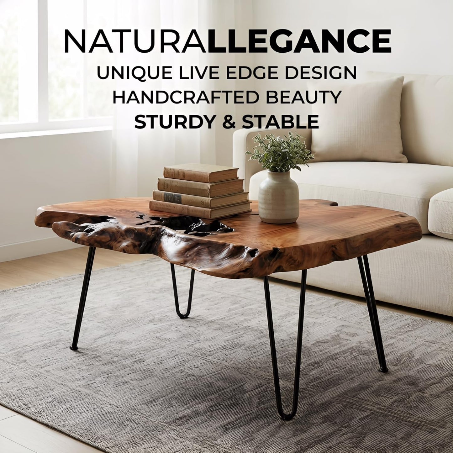 Nalvyue Natural Wood Coffee Table, Live Edge Coffee Table for Living Room, Unique Desktop