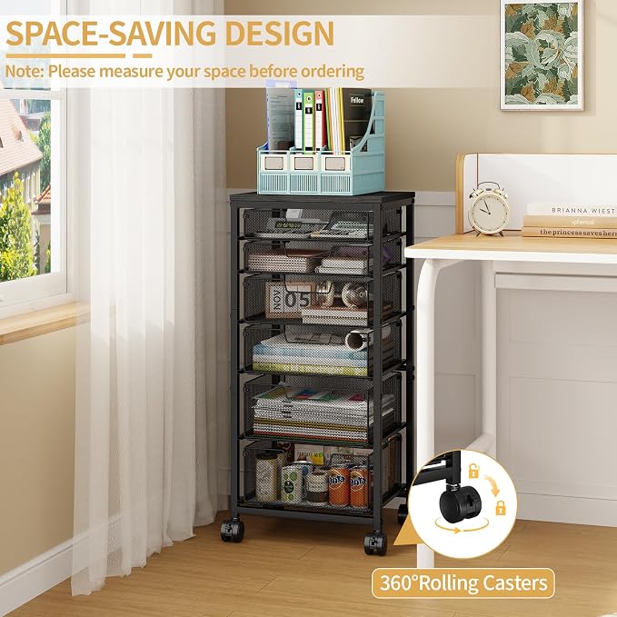 Sbanmao 6 Drawers Rolling Utility Cart, Rolling Storage Cart with Wooden Tabletop, Storage Drawer Cart on Lockable Wheels, Craft Cart for Bedroom, Classroom, Office, Black