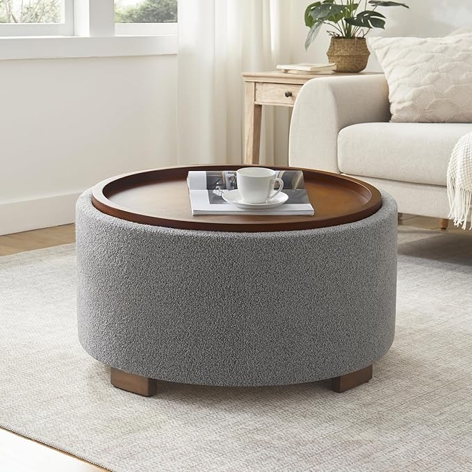 Zihanhome 30 Inch Round Storage Ottoman Coffee Table, Modern Boucle Ottoman with Lift-Off Lid and Solid Wood Legs for Living Room, Bedroom, Corners, Apartments (Light Grey)