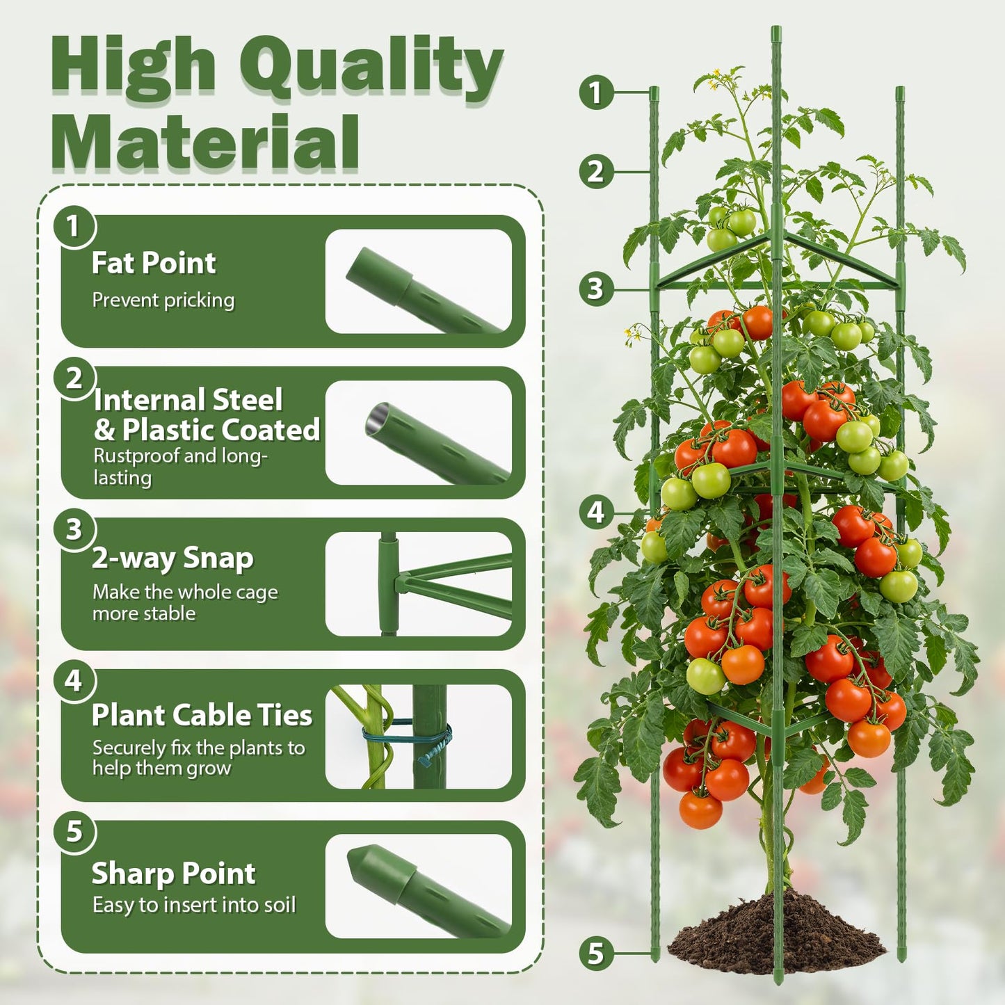 Tegarbed 6 Pack Tomato Cage for Garden Plant Supports, 48 Inch Tomato Trellis for Potted Plants, Heavy-Duty Garden Plant Stakes for Climbing Vegetables Plants Cucumber Peony Flowers, Green