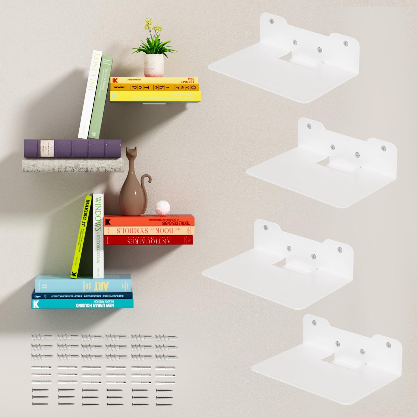 Deasolin Wall Mounted Floating Book Shelves, Floating Invisible Bookshelf, Heavy-Duty Steel Hidden Bookshelf Hanging Bookshelves for Bedroom Living Room Office, White 4-Pack