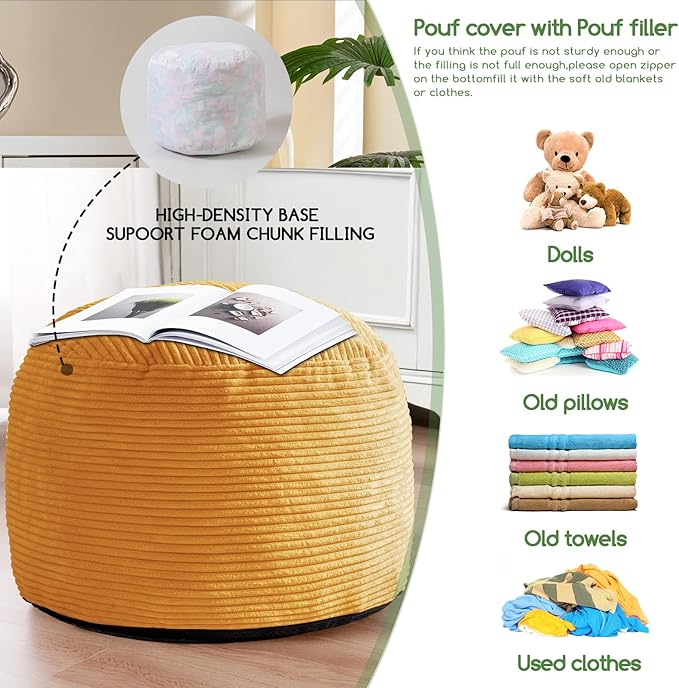 HIGOGOGO Round Stuffed Pouf Ottoman, Corduroy Poufs with Foam Chunk Filling, Furry and Fluffy Pouf Foot Stool Storage Ottoman, 26 X 18 Floor Poufs Foot Rest for Living Room, Orange
