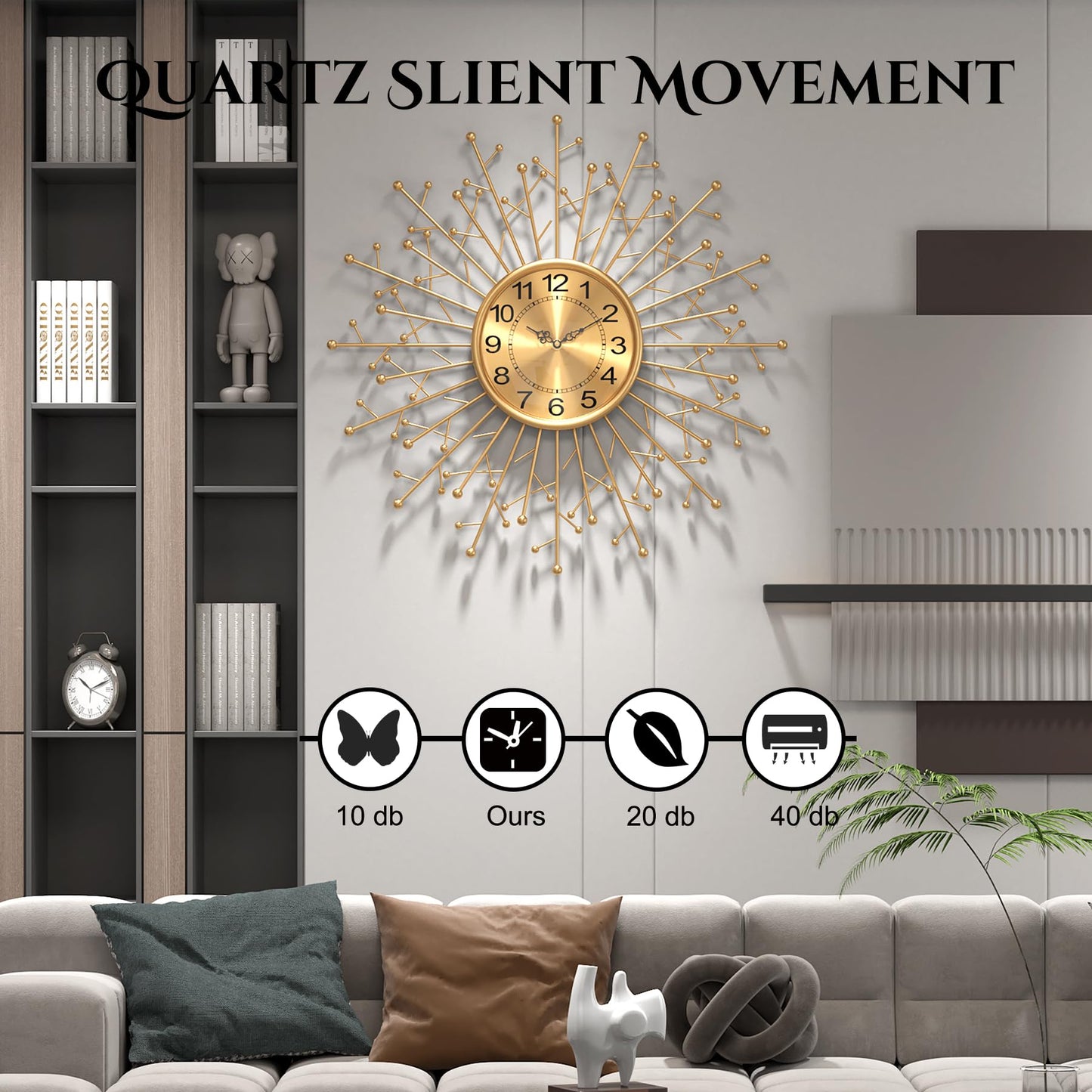 DAYDAYART Large Modern Gold Wall Clock Decorative Mid Century Sunburst Branch Wall Clocks, Minimalism Metal Silent Clock, Luxury Home Gift Decor for Living Room, Bedroom, Dining Room, 24 inch