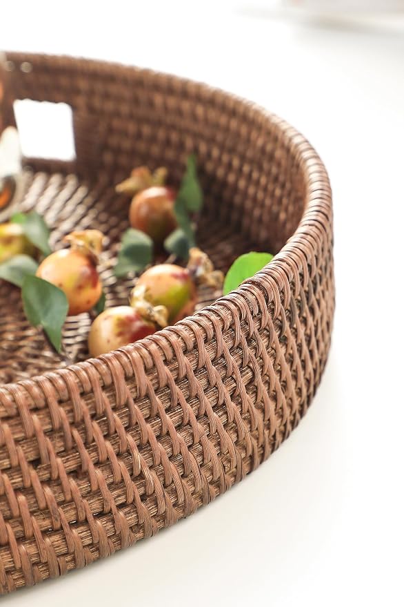 HITOMEN 11.8" Hand-Woven Round Rattan Serving Tray Decorative Wicker Trays with Handles for Coffee Table (Warm Brown-M)