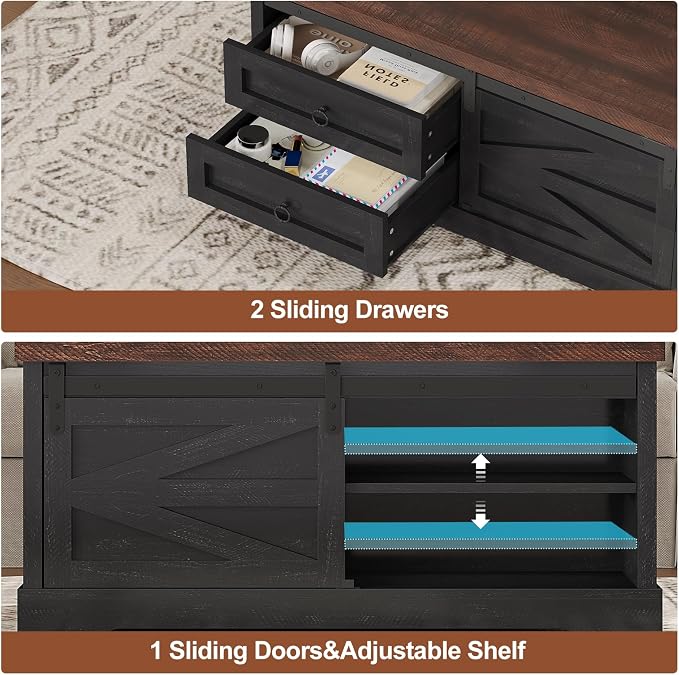 Itaar 39.4'' Lift Top Coffee Table with Storage, Farmhouse Coffee Tables for Living Room, Square Coffee Table with Large Hidden Compartment & 2 Drawers & Adjustable Shelves, Black+Walnut