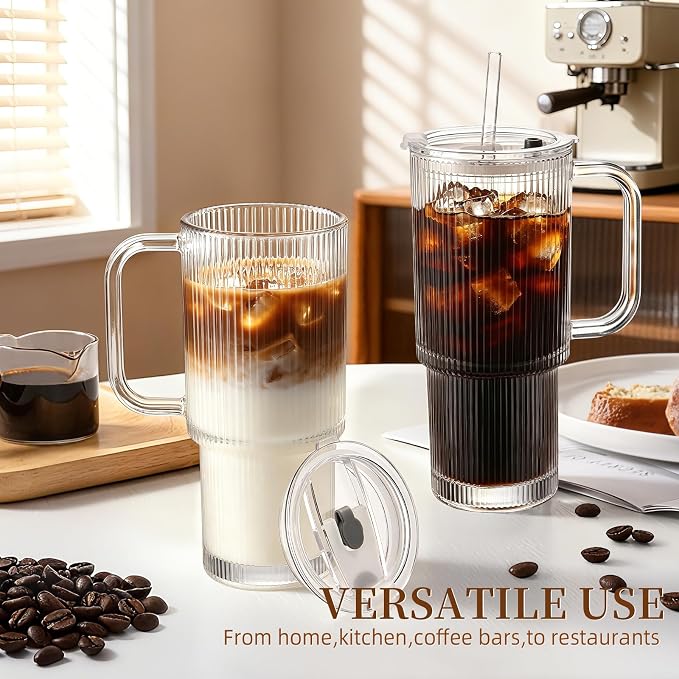 Iced Coffee Cups with Lids: Coffee Bar Accessories - Ribbed Glass Tumbler with Straw and Lid 4 Pack - 24oz Tumbler Leak Proof - Glass Cups and Tumblers with Lid and Straws - Coffee Tumbler with Handle