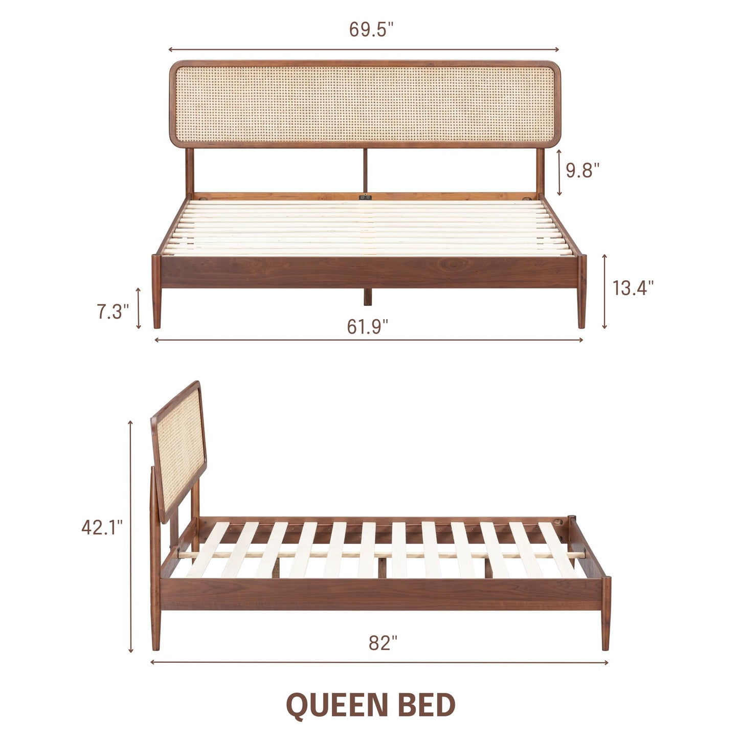 NTC Lupin Wooden Bed Frame with Headboard and Natural Rattan, Solid Oak/Rubber Wood Foundation with Silent Slats, 1000 Lb Capacity, Effortless Assembly (Natural Cane - Dark Walnut, Queen)
