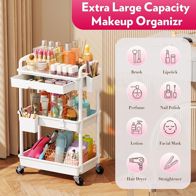 SUNALLY Makeup Cart Organizer with Drawers, Floor Skincare Organizers Vanity Storage Organizer, Rolling Makeup Bathroom Storage Cart Cosmetics Display Cases for Skin Care Perfume Nail Polish, White