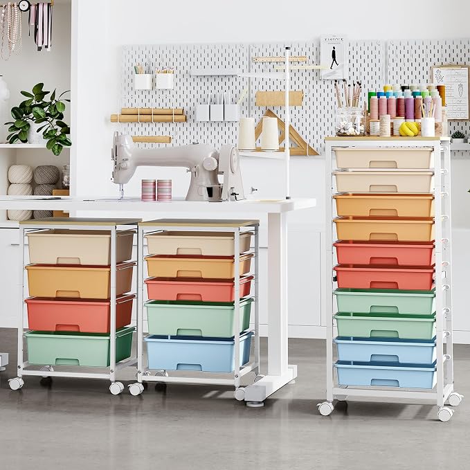 SYKIARIOL Rolling Cart with Drawers,10 Drawer Rolling Cart,Storage Cart with Wheels,Utility Cart with Drawers,Teacher Cart for Classroom Storage,Craft Cart with Wheels and Wooden Tabletop,Rainbow