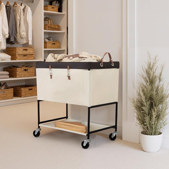 StorageWorks Laundry Cart, 2 Tier Rolling Laundry Basket, Heavy Duty Laundry Basket with Lockable Wheels, Laundry Room Organization and Storage, Clothes Hamper for Bedroom, Dorm, Closet, 46Gal, Beige