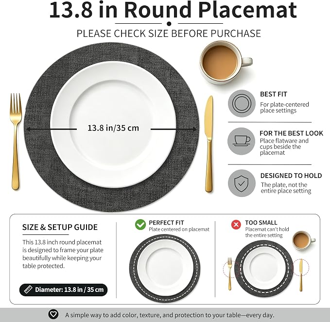 Maxpearl Round Placemats Set of 6, 13.8 inch Faux Leather Heat Resistant Table Mats, Non Slip Waterproof Wipeable Place Mats for Kitchen Dining Holiday Party Table Settings, Black
