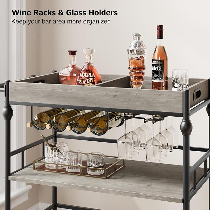 GarveeHome Bar Cart with Wheels, 3-Tier Serving Cart for Home, Mobile Rolling Beverage Cart with Wine Rack and Removable Tray for Kitchen, Dining, Living Room, 35.4" x 15.7" x 34.1", Grey