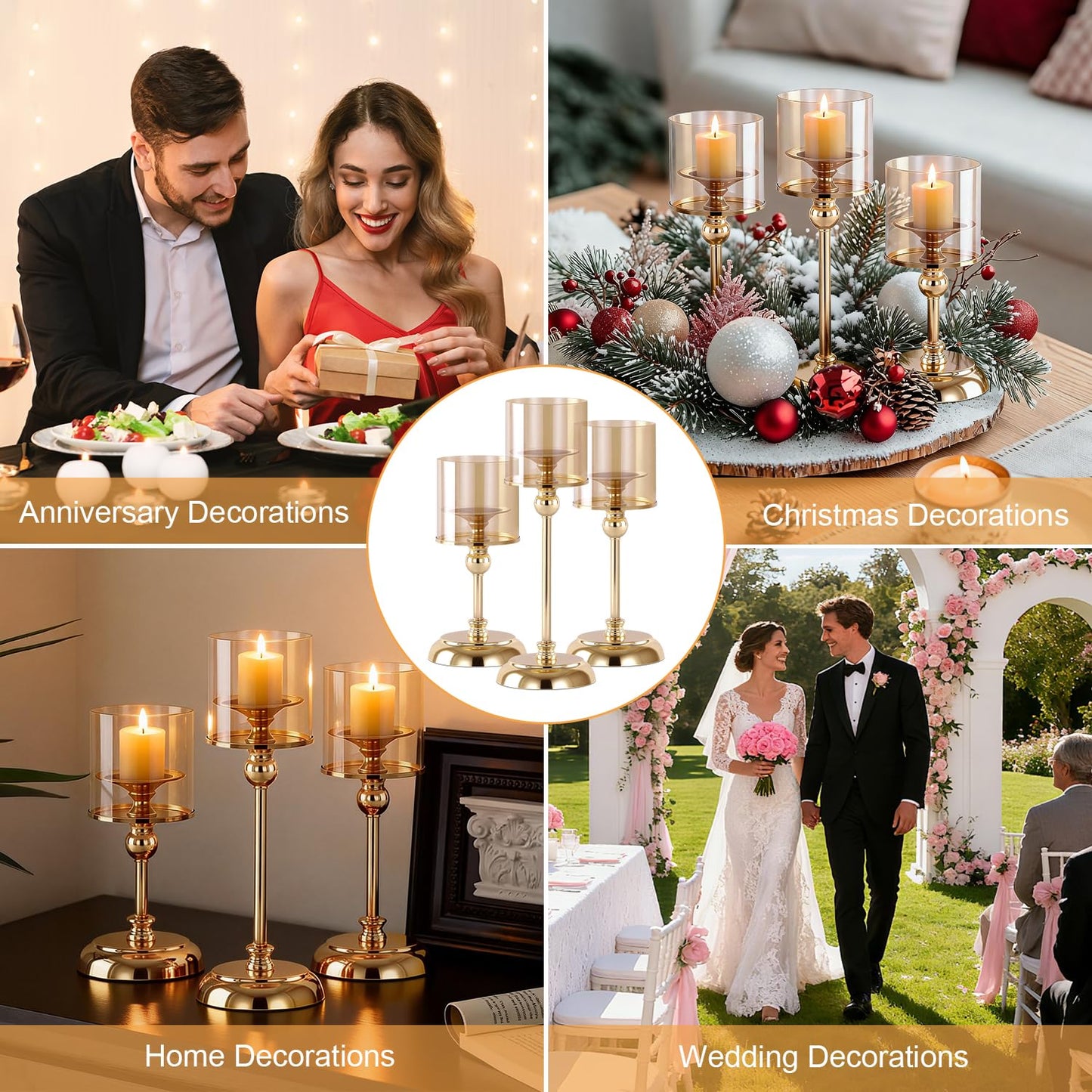 Oakernel Gold Hurricane Candle Holders - Set of 3 Tall Candlestick Holders Windproof Taper Candle Holders, Metal Stand for Table Centerpiece Outdoor Indoor Wedding Party Holiday Decor