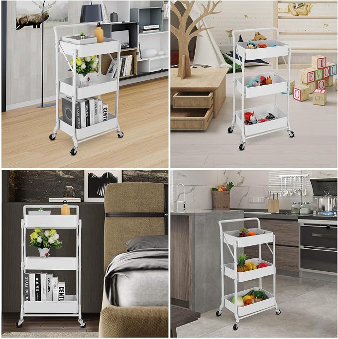 Foldable 3 Tier Metal Utility Rolling Cart, Folding Mobile Multi-Function Storage Trolley Organizer Cart for Home Library Office(White)