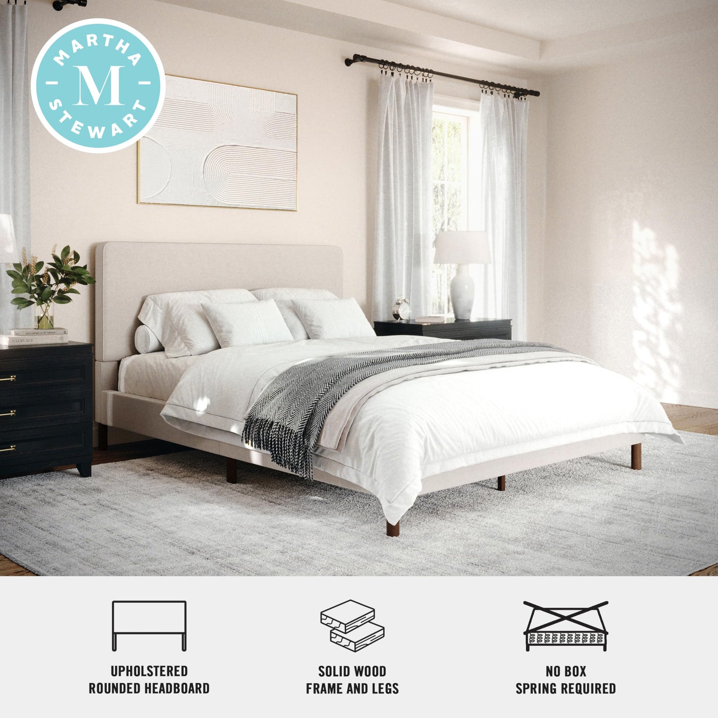 Martha Stewart Britta Platform Bed with Headboard & Footboard, Faux Linen Upholstery with Piping Detail, Rounded Headboard, No Box Spring Needed, Queen, Beige