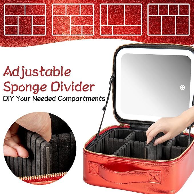 Extrei Gent Makeup Travel Train Case with Mirror LED Light 3 Adjustable Brightness Large Cosmetic Bag Portable Storage Adjustable Partition Waterproof Brushes Make up Jewelry Gift for Women