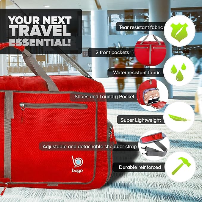 Bago Foldable Duffel Bags for Traveling Women & Men - 60L Medium Packable Duffle Bag for Travel with Shoe Compartment - Water Repellant, Heavy Duty, Lightweight Folding & Collapsible (Red)