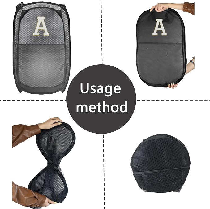 Collapsible Pop Up Laundry Hamper, Extra Large with Removable Initial Letter A, Mesh Foldable Laundry Basket, 28" x 16" x 16" (Black)