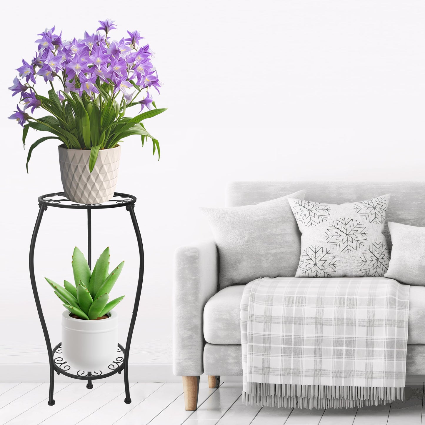 NOAMOO Metal Plant Stand 2 Tier Indoor Outdoor, Tall Flower Pot Shelf Rustproof Stable Corner Stand, 25.2 inch Multiple Plant Display Rack for Living Room Patio Balcony Garden, 2 Pack