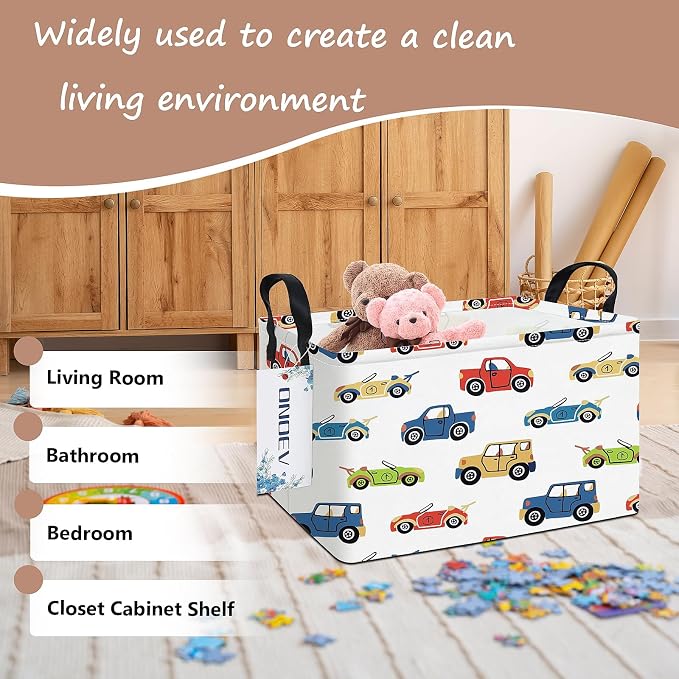 Rectangular Cartoon Car Pattern Storage Bin, Decorative Canvas Laundry Basket with Dual Handles, Foldable Household Toy Organizer, Multipurpose Party Gift Basket for Bedroom Dorm (Car)