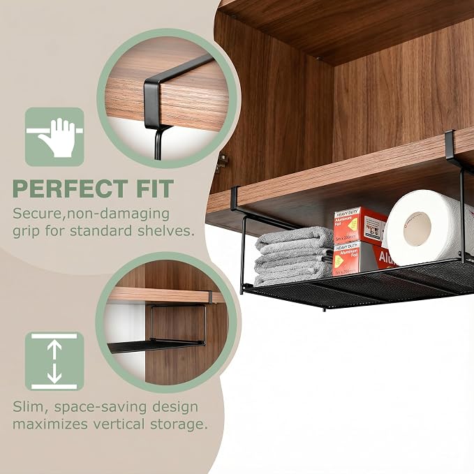 EHKIT Foil and Plastic Wrap Organizer Holder Foldable Under Cabinet Shelf Kitchen Pantry Desk Hanging Storage Rack (Black)